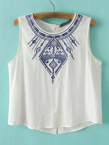 Romwe Black Sleeveless Embroidery Buttons Back Tank Top