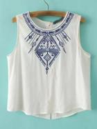 Romwe Black Sleeveless Embroidery Buttons Back Tank Top