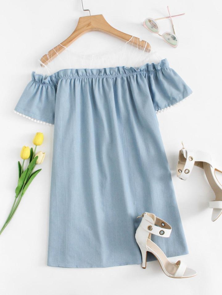Romwe Sheer Mesh Panel Frill Trim Dress