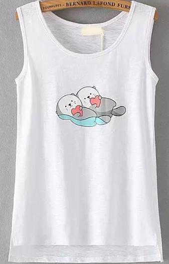 Romwe Dip Hem Beavers Print White Tank Top