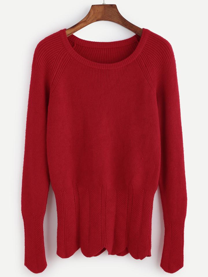 Romwe Red Ribbed Knit Scallop Banded Bottom Sweater
