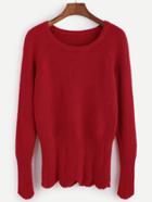 Romwe Red Ribbed Knit Scallop Banded Bottom Sweater