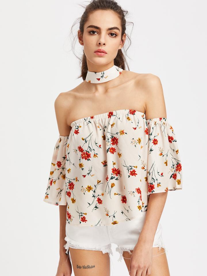 Romwe Bardot Cutout Choker Detail Top