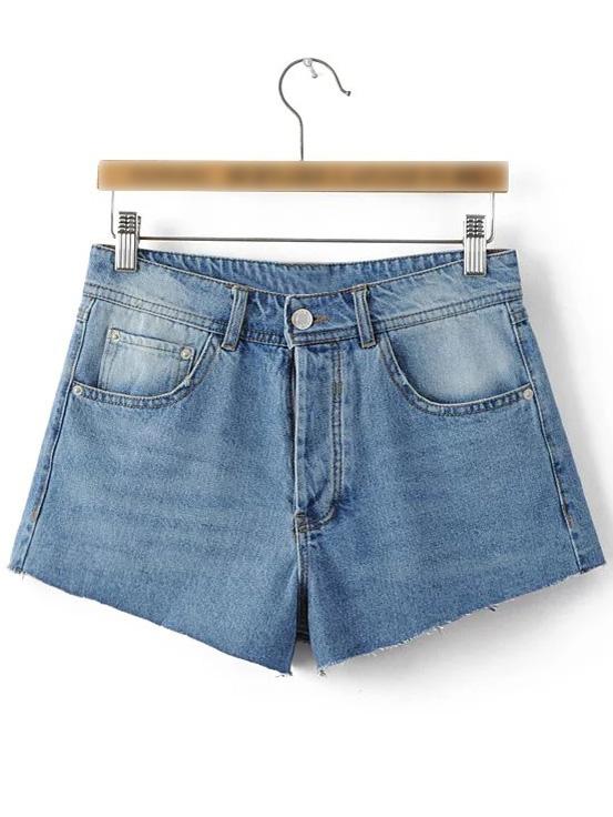 Romwe Blue Pockets Buttons Fly Stripe Decoration Denim Shorts