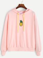 Romwe Pink Drop Shoulder Pineapple Embroidery Hooded Sweatshirt