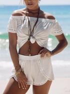 Romwe Off-the-shoulder Knotted Top With Shorts - White