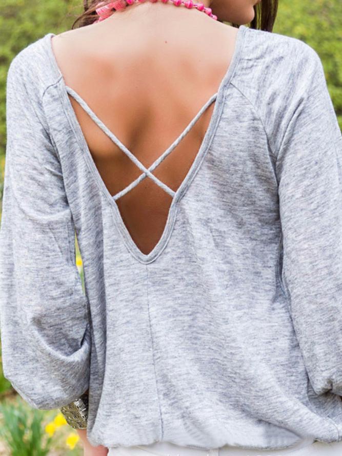 Romwe Puff Sleeve Open Back T-shirt