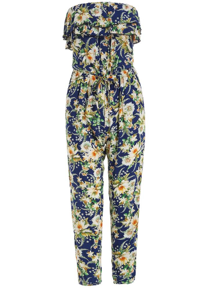 Romwe Strapless Ruffle Florals Slim Jumpsuit
