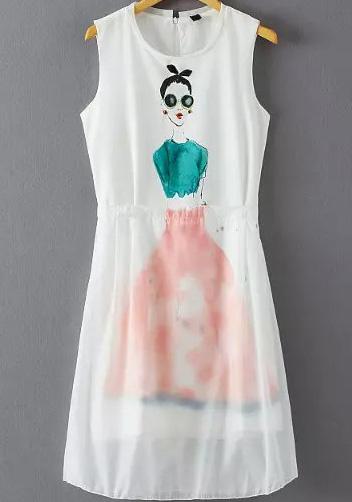 Romwe Round Neck Sleeveless Cartoon Print Dress