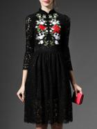 Romwe Black Embroidered Lace A-line Dress