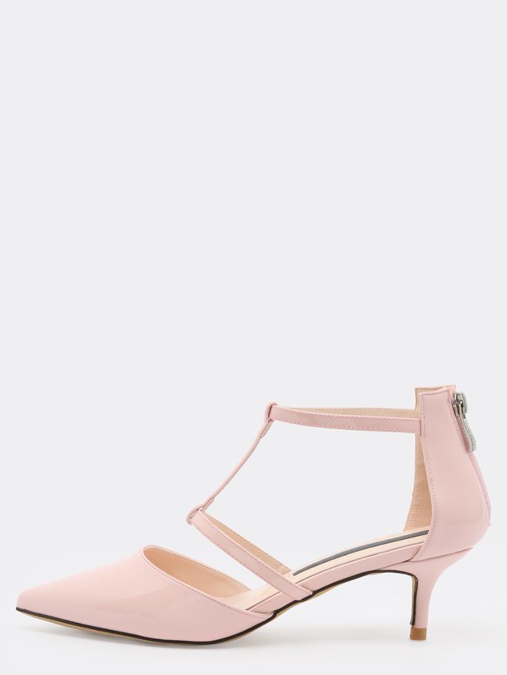 Romwe Nude Patent Strappy Pointed Toe Bakc Zip Pumps