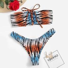 Romwe Random Zebra Print Lace-up Bandeau Bikini