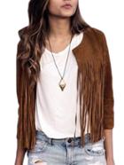 Romwe Round Neck Tassel Suede Coat