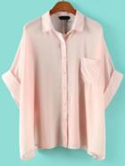 Romwe Batwing Pocket Loose Pink Blouse