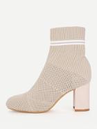 Romwe Striped Detail Block Heeled Ankle Boots