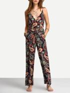 Romwe Paisley Print Surplice Front Cami Jumpsuits