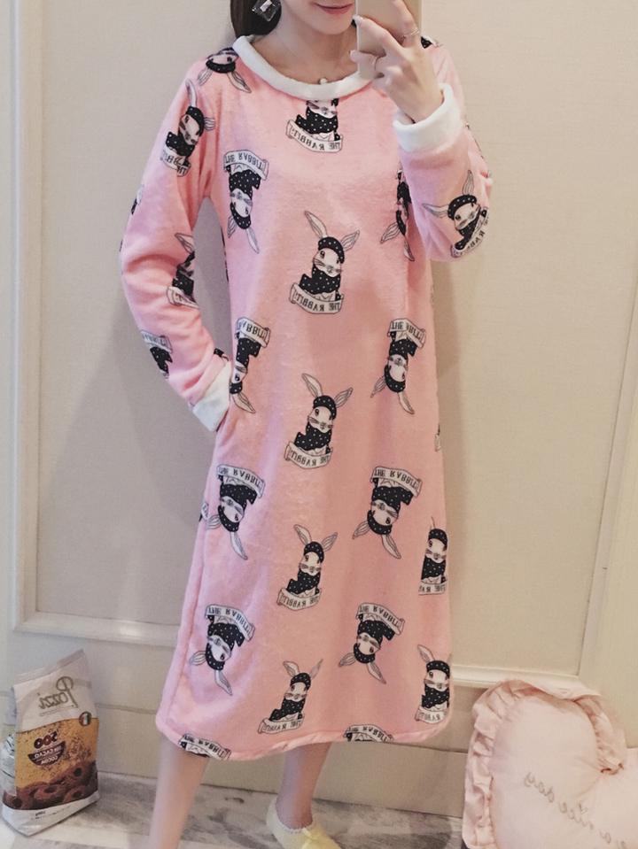 Romwe Contrast Trim Rabbit Print Plush Night Dress