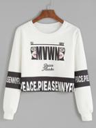 Romwe White Printed Crop Sweatshirt