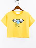 Romwe Glasses Print Crop T-shirt - Yellow