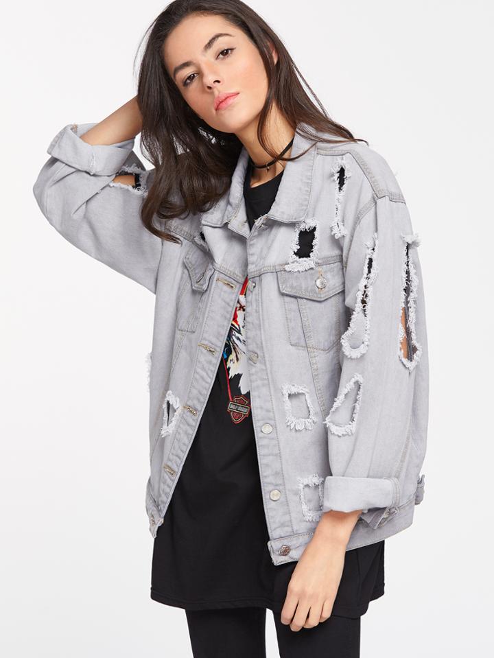 Romwe Bleach Wash Destroyed Jacket