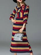 Romwe Burgundy Color Block Tie Neck Ruffle Pleated Dress