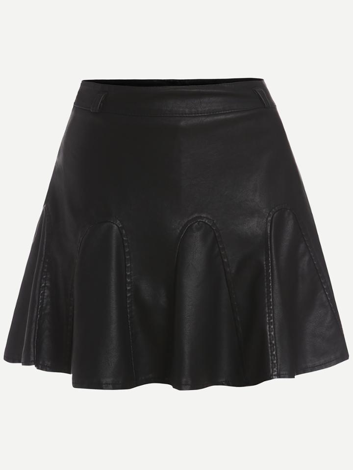 Romwe Black Faux Leather Box Pleated A-line Skirt
