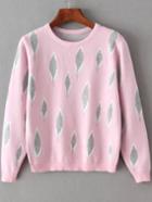 Romwe Round Neck Leaves Print Pink Sweater