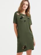 Romwe Olive Green Distressed Short Sleeve Tee Dress