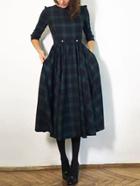 Romwe Green Plaid Round Neck Flare Midi Dress
