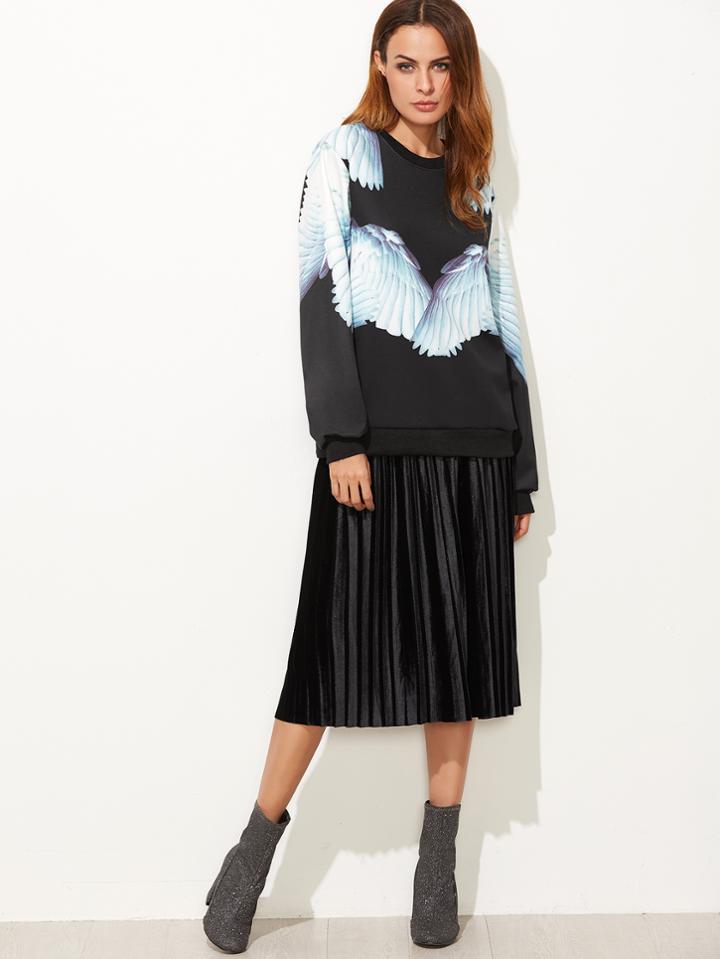 Romwe Black Wing Print Dropped Shoulder Seam Sweatshirt