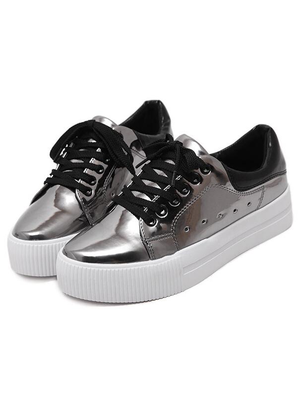 Romwe Grey Lace Up Eyelet Flats