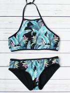 Romwe Turquoise Contrast Tropic Print Halter Bikini Set