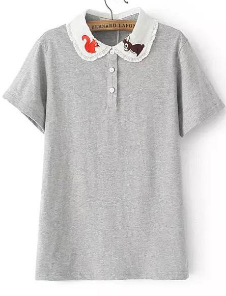 Romwe Squirrel Embroidered With Buttons Grey T-shirt