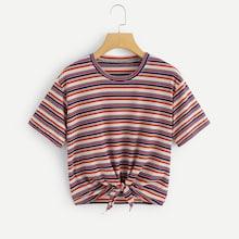 Romwe Knot Hem Colorful Striped Tee
