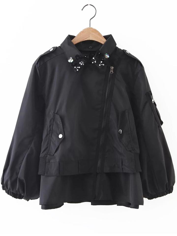 Romwe Black Flower Detail Oblique Zipper Coat