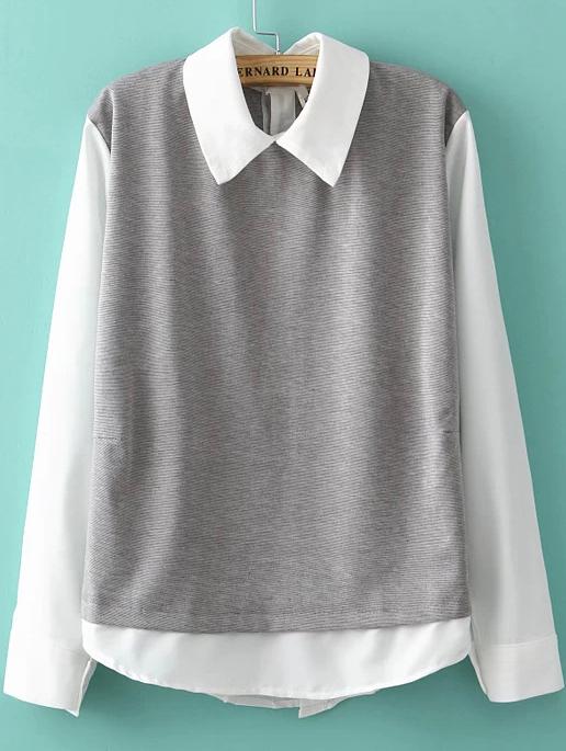 Romwe Grey White Lapel Long Sleeve Loose Blouse