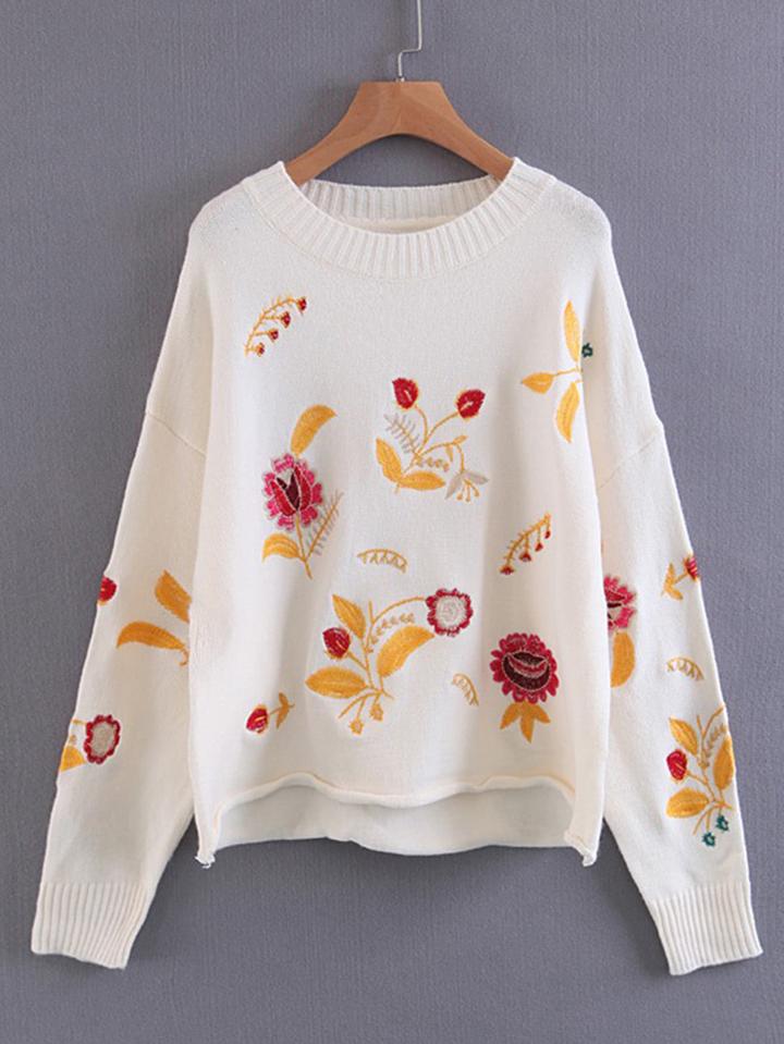 Romwe Embroidery Design Rolled Hem Knitwear