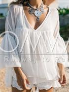 Romwe White V Neck Ruffle Blouse