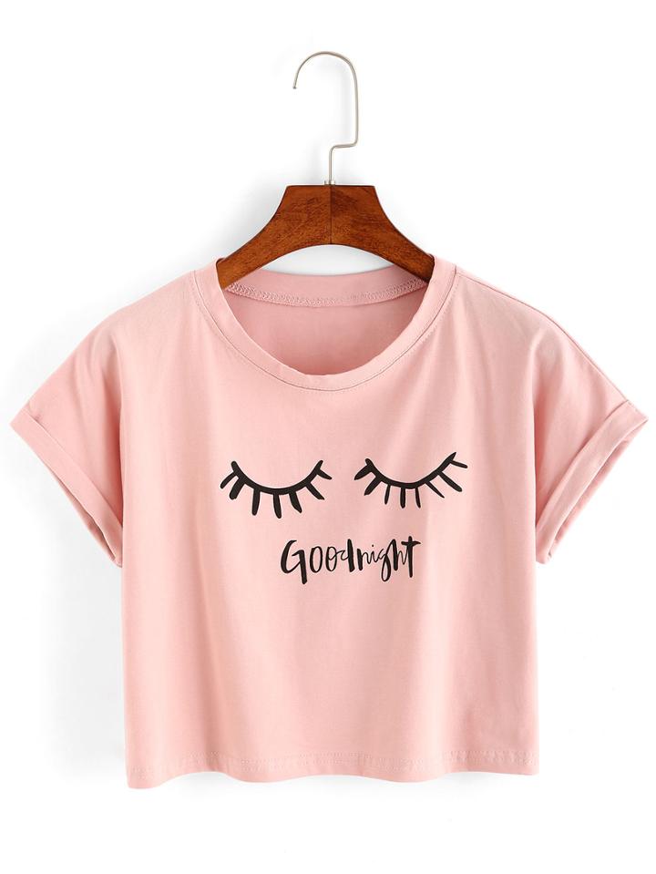Romwe Eyelash Print Crop T-shirt
