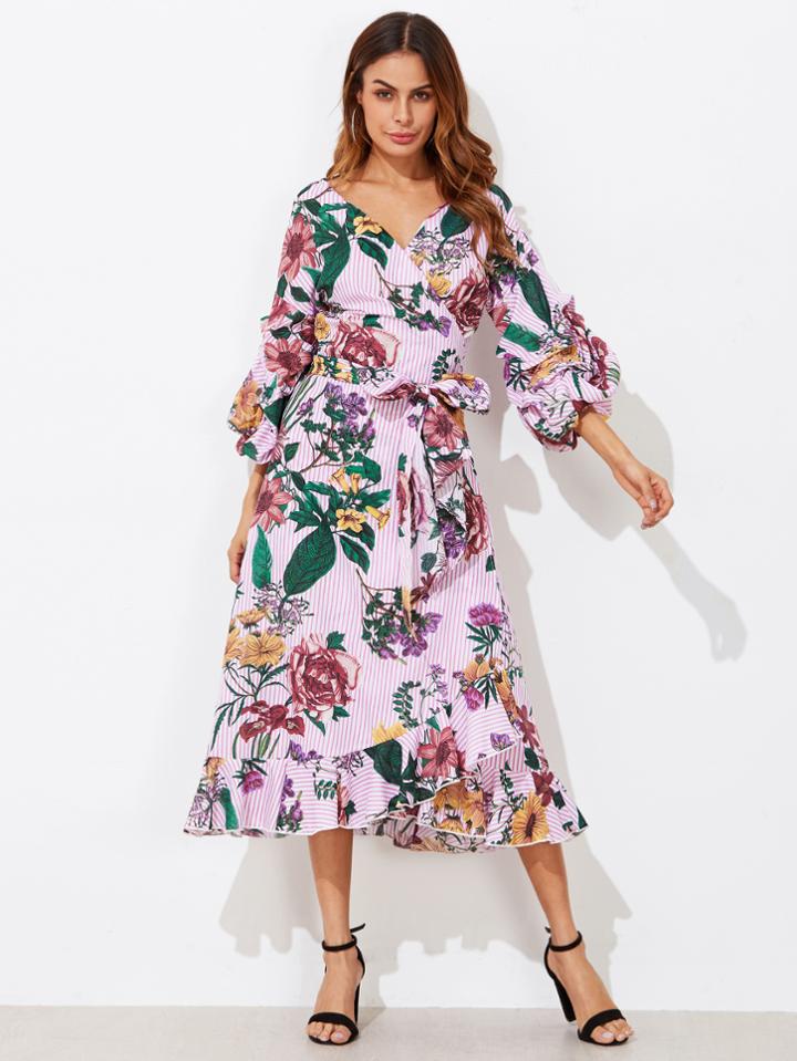 Romwe Mixed Print Gathered Sleeve Surplice Wrap Dress