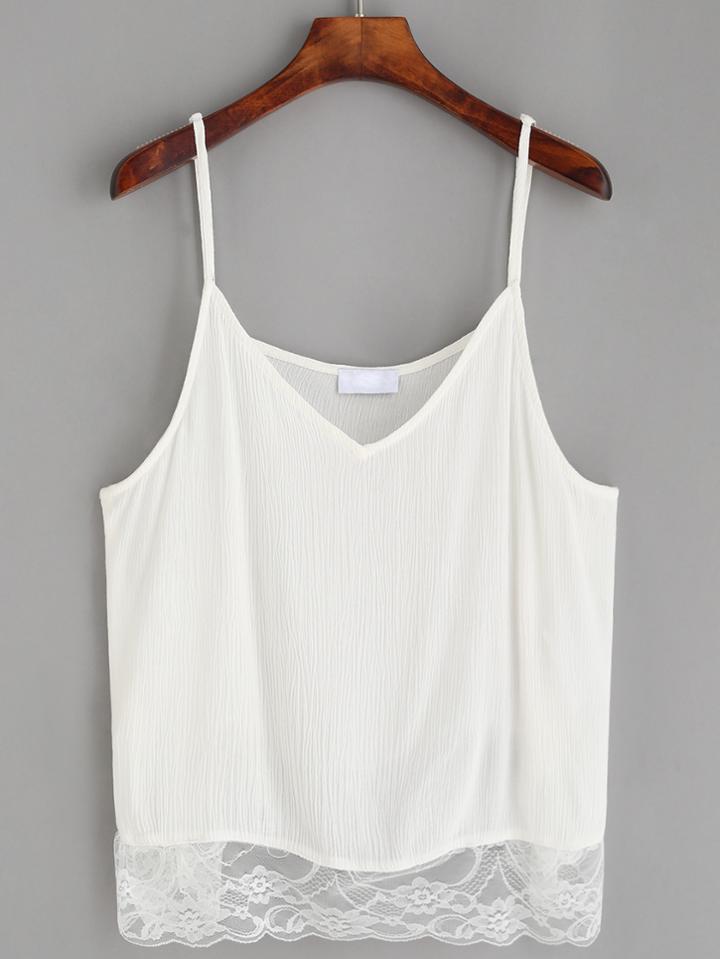 Romwe White Lace Trim Crinkle Cami Top