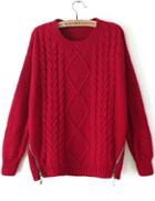 Romwe Cable Knit Zip Embellished Red Sweater