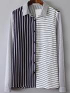 Romwe Black White Long Sleeve Vertical Stripe Blouse