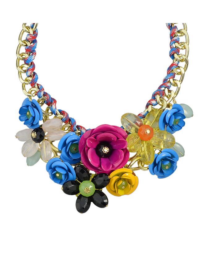 Romwe Blue Resin Rhinestone Statement Flower Necklace