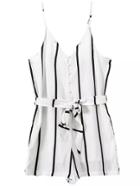 Romwe Spaghetti Strap Vertical Striped With Bow White Jumpsuit