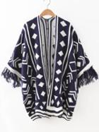 Romwe Navy Geometric Pattern Fringe Cuff Cape Sweater