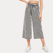 Romwe Stripe Print Belted Wide Leg Pants