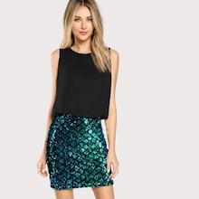 Romwe Cluster Sequin Two Tone Blouson Combo Dress
