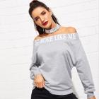Romwe Off Shoulder Letter Print Pullover With Choker