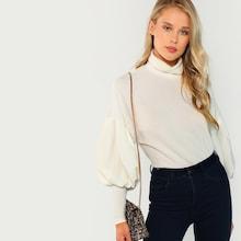 Romwe Mock Neck Bishop Sleeve Solid Pullover